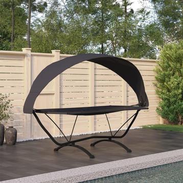 Lit de repos d'extérieur avec auvent Noir Acier et tissu Oxf beschikbaar voor biedingen