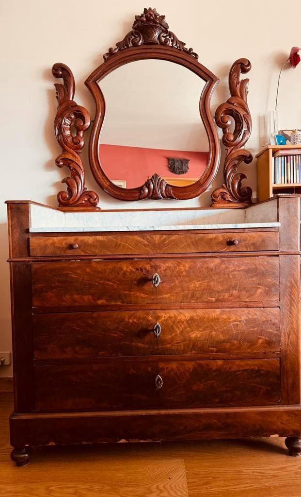 Mahoniehouten commode met spiegel, marmeren blad, Antiek en Kunst, Antiek | Meubels | Kasten, Ophalen