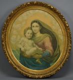 Prachtige antieke religieuze lithografie op stof – Madonna, Antiek en Kunst, Ophalen of Verzenden