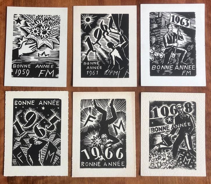 Frans Masereel - 6 nieuwjaarskaarten, Antiek en Kunst, Kunst | Etsen en Gravures, Ophalen of Verzenden