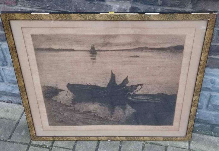 Gravure barques sur l Escaut signe Louis clesse, Antiquités & Art, Art | Eaux-fortes & Gravures, Enlèvement ou Envoi