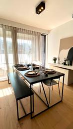 Zwarte eettafel 6 personen + zwarte zitbank samen te koop, Huis en Inrichting, Ophalen, Zo goed als nieuw