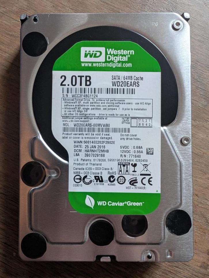 Western Digital 2TB Green HDD (3.5"), Computers en Software, Harde schijven, Gebruikt, Desktop, Intern, HDD, SATA, Ophalen of Verzenden