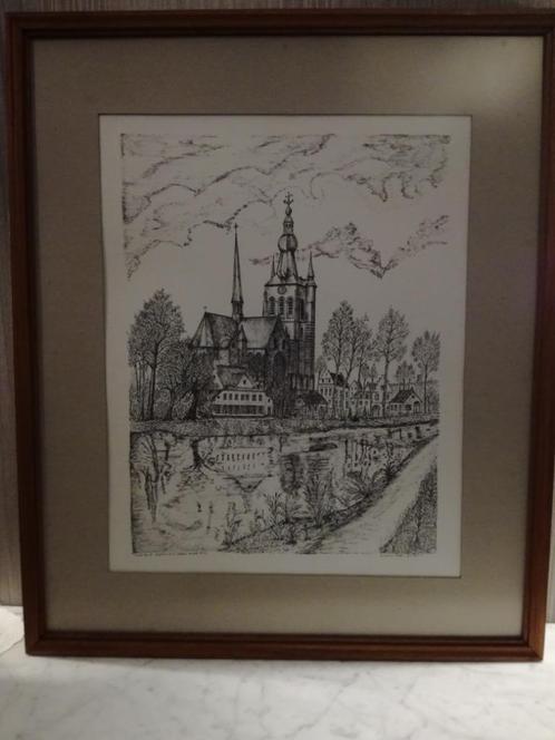 mooie pentekening van de O.L.V. kerk Aarschot, Antiek en Kunst, Kunst | Tekeningen en Fotografie, Ophalen of Verzenden