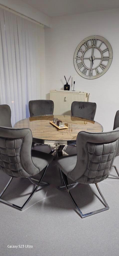 table ronde bois massif avec pied en chrome, Maison & Meubles, Salles à manger complètes, Comme neuf, Enlèvement ou Envoi