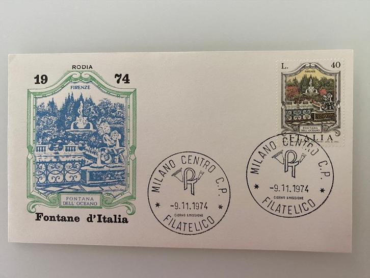 Timbre Enveloppe Premier Jour Italie Fontane D'Italia 1974, Timbres & Monnaies, Timbres | Europe | Italie, Affranchi, Enlèvement ou Envoi