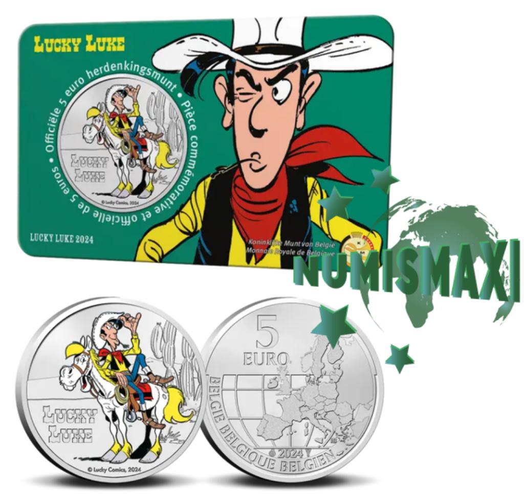 5 euro België 2024 Lucky Luke gekleurd in coincard, Ophalen of Verzenden, België, 5 euro