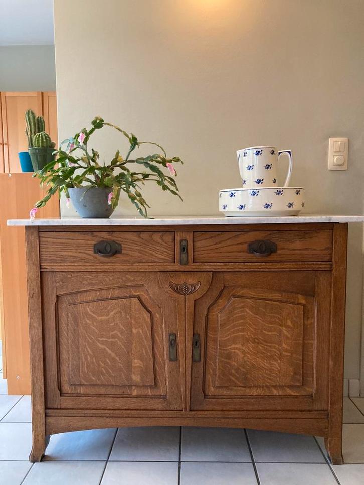 Vintage commode, oud was-/opmaaktafel in eik, carrara marmer, Antiek en Kunst, Antiek | Woonaccessoires, Ophalen
