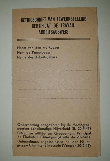 Oude blanco getuigschrift van tewerkstelling jaren '30-40.