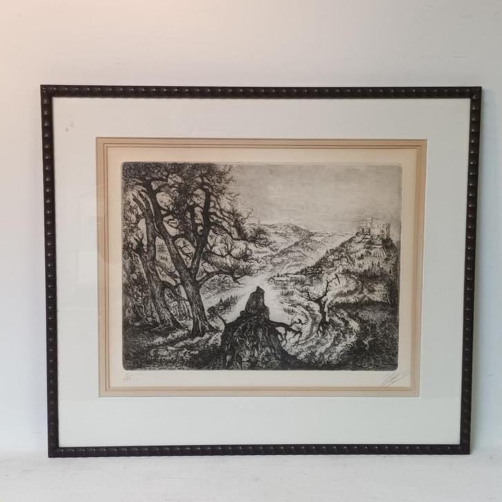 Jan Keustermans (1917-2008) -ets - Zicht op het dorp, Antiek en Kunst, Kunst | Etsen en Gravures, Ophalen of Verzenden