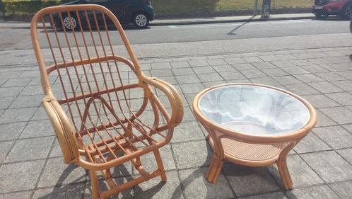 Vintage fauteuil in bamboe met bijhorende salontafel - boho, Tuin en Terras, Tuinsets en Loungesets, Zo goed als nieuw, Tuinset