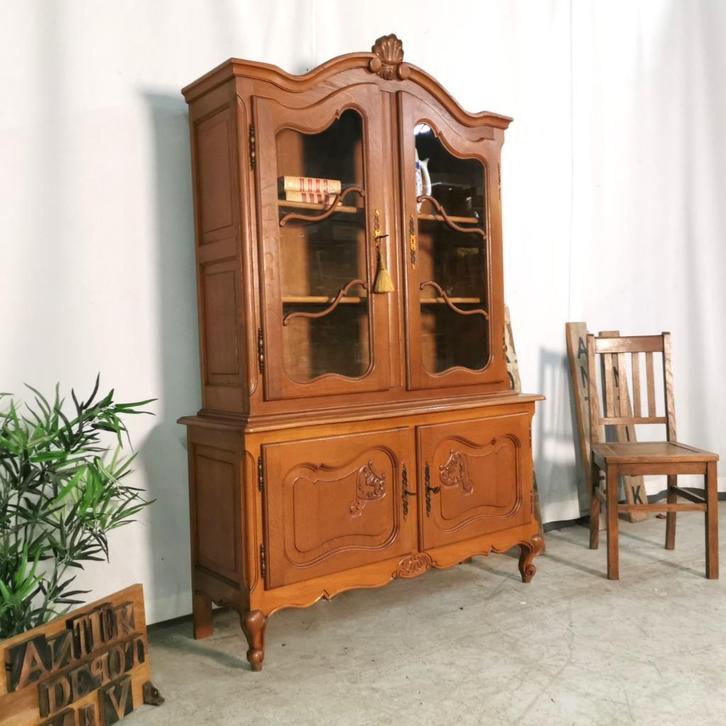 Oude eiken Louis XV vitrine kast 2-delig H 187 B 125, Huis en Inrichting, Kasten | Vitrinekasten, Gebruikt, 150 tot 200 cm, 100 tot 150 cm