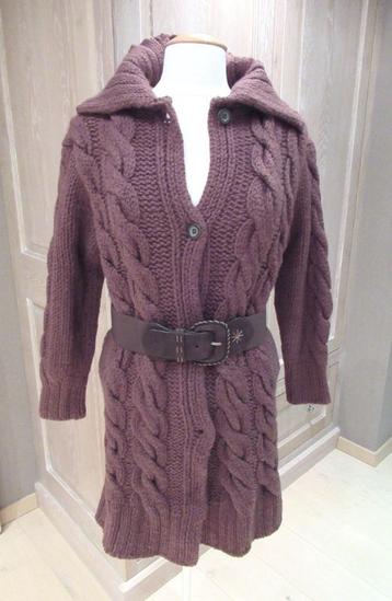 Jackpot lang bruin wollen vest / cardigan met kabels, 36/38 beschikbaar voor biedingen