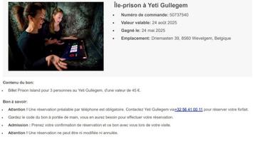 Billet pour 3 personnes pour L'île-prison à Yetti Gullegem beschikbaar voor biedingen