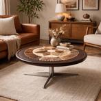 vintage ronde salontafel met los patchwork van koeienhuid, Gebruikt, 50 tot 100 cm, Rond, 50 tot 100 cm