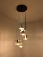 Suspension 5 abat-jours en verre et en métal doré mat, Maison & Meubles, Enlèvement, Utilisé, Verre, 75 cm ou plus