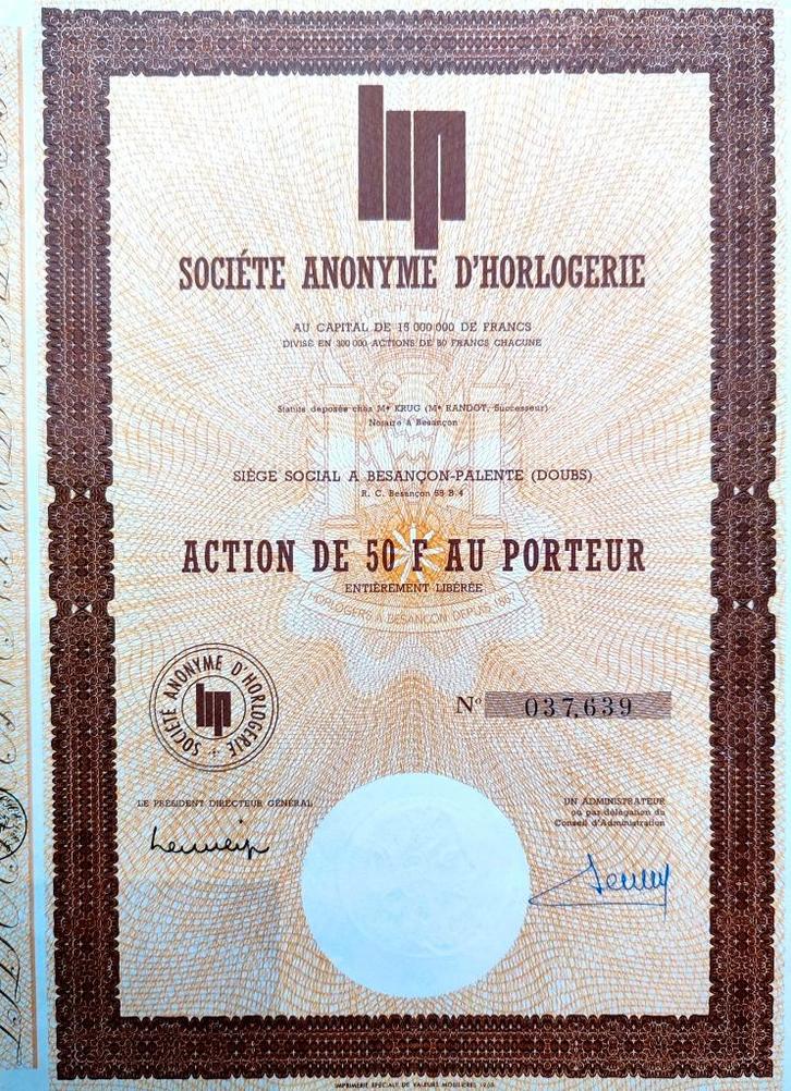 LIP (horloges) ca.1968, Postzegels en Munten, Aandelen en Waardepapieren, Aandeel, 1950 tot 1970, Ophalen of Verzenden