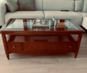 Salontafel in kerselaar hout met glazen blad, Enlèvement, Comme neuf, Cerisier