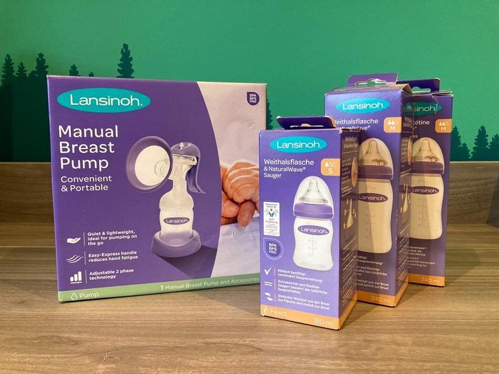 Set manuele borstkolf en 3 melkflessen van Lansinoh, Kinderen en Baby's, Babyvoeding en Toebehoren, Zo goed als nieuw, Borstkolf