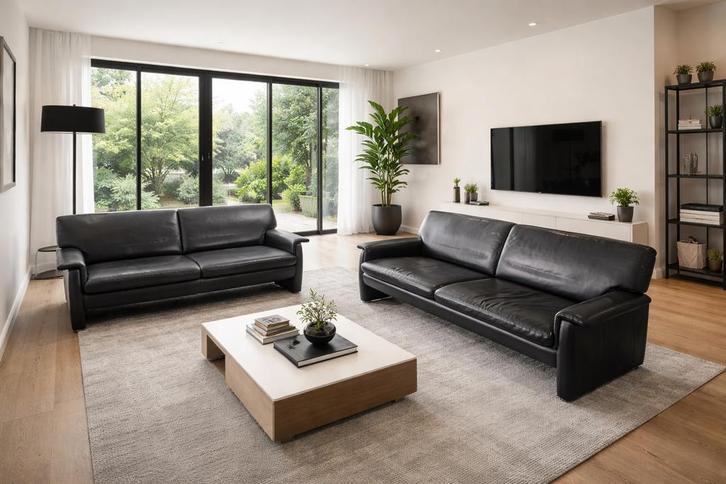 Moderne zwarte zetels Top interieur, Huis en Inrichting, Zetels | Complete zithoeken, Gebruikt, Leer, Ophalen of Verzenden