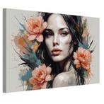 Vrouw met bloemen canvas 60x40cm - 18mm., Antiek en Kunst, Verzenden