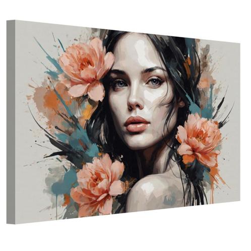 Vrouw met bloemen canvas 60x40cm - 18mm., Antiek en Kunst, Kunst | Schilderijen | Modern, Verzenden