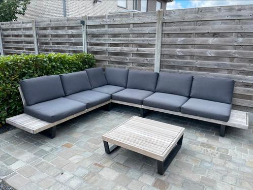 Loungehoek met tafel en kussens, Tuin en Terras, Tuinsets en Loungesets, Zo goed als nieuw, Loungeset, Teakhout, 6 zitplaatsen