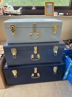 3 metalen design opbergkoffers | blauw | €65 set, Ophalen, Gebruikt, 50 tot 100 cm, Metaal