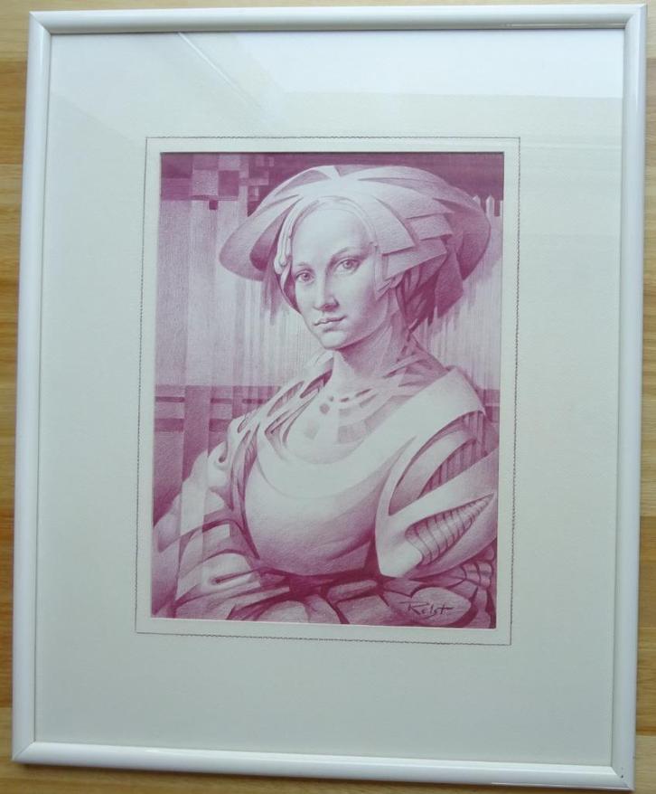 Jean Relst, roodkrijt, 32 x 24 cm, Portret 1996, Antiek en Kunst, Kunst | Schilderijen | Klassiek, Ophalen of Verzenden