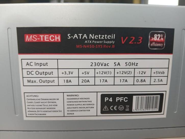 MS-Tech 450 watt PSU, Informatique & Logiciels, Alimentations internes, Neuf, Enlèvement