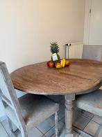 Ronde houten tafel met 4 stoelen – uitschuifbaar – €100, Huis en Inrichting, Ophalen, Zo goed als nieuw