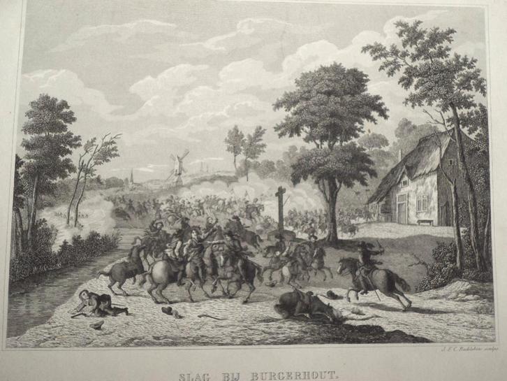 Antieke ets De slag bij Borgerhout (Antwerpen) Reckleben, Antiek en Kunst, Kunst | Etsen en Gravures, Ophalen of Verzenden