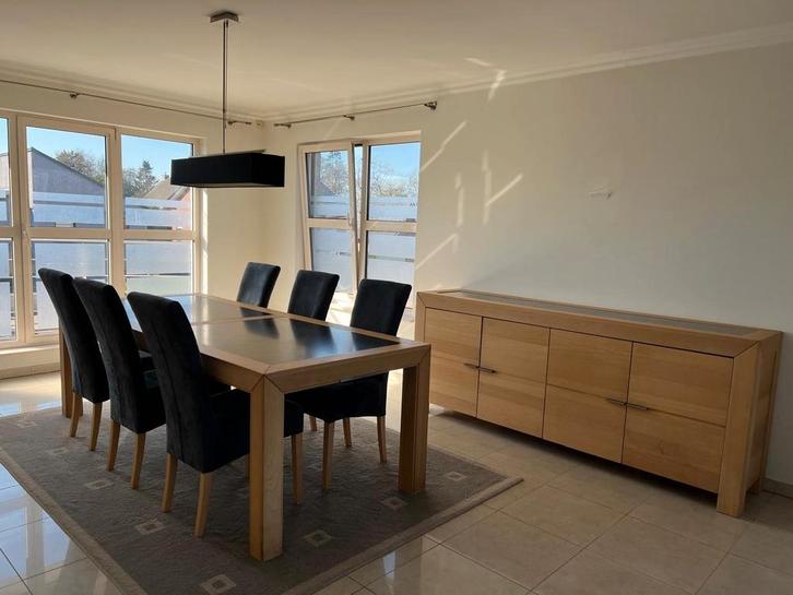 Eiken tafel (240cm x100cm) met marmer inlegblad en 6 stoelen, Huis en Inrichting, Tafels | Eettafels, Ophalen