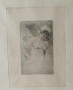 Oude gravure — Studie van een naakte vrouw — gesigneerd en g, Ophalen of Verzenden