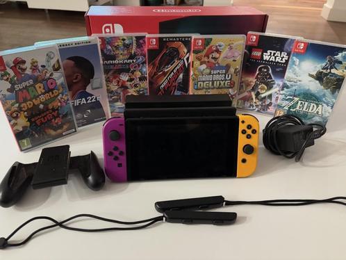 Nintendo Switch + 7 jeux, Games en Spelcomputers, Spelcomputers | Nintendo Switch, Gebruikt, Switch Original, Met 2 controllers