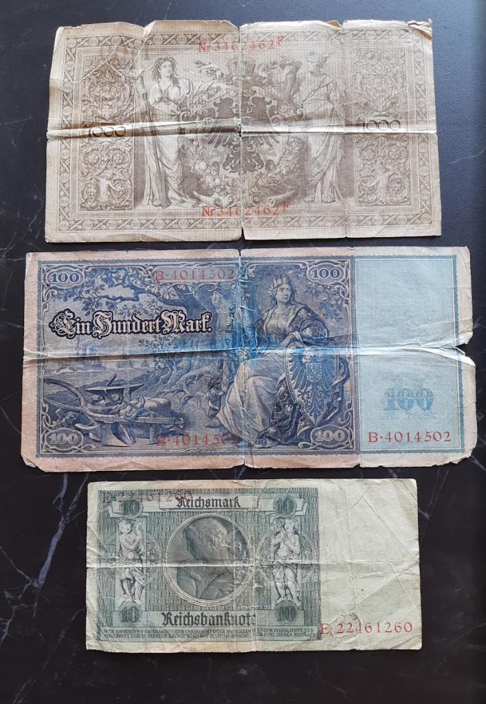 Reichsbanknote 10, 100, 1000 Mark, Postzegels en Munten, Bankbiljetten | Europa | Niet-Eurobiljetten, Setje, Duitsland, Verzenden