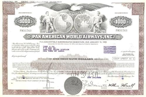 Pan American World Airways Inc. 1978, Postzegels en Munten, Aandelen en Waardepapieren, Obligatie of Lening, 1970 tot heden, Ophalen of Verzenden