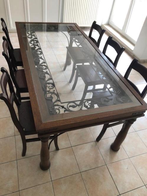 Table bois -  verre - fer forgé 8 personnes, Huis en Inrichting, Tafels | Eettafels, Zo goed als nieuw, 50 tot 100 cm, 200 cm of meer