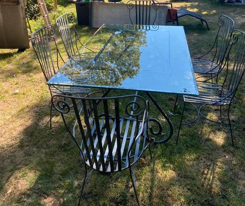 Tuintafel met stoelen van gietijzer, Tuin en Terras, Tuintafels, Gebruikt, Rechthoekig, Metaal, Ophalen