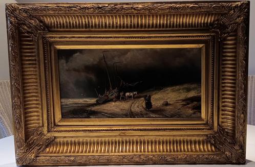 Peinture sur panneau de bois (côte, chevaux de pêcheur en ba, Antiquités & Art, Art | Peinture | Classique, Enlèvement ou Envoi