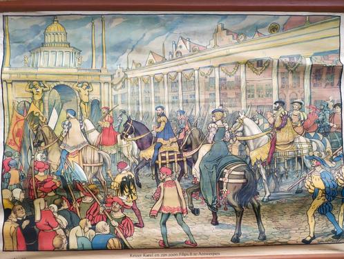 Schoolplaat Keizer Karel en zoon Filips II te Antwerpe, Antiek en Kunst, Antiek | Schoolplaten, Geschiedenis, Ophalen of Verzenden