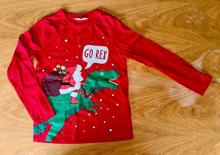 H&M T-shirt met lange mouwen - Dinosaurus en kerstman, Kinderen en Baby's, Kinderkleding | Maat 134, Gebruikt, Jongen of Meisje