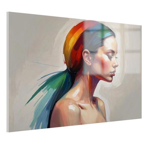 Vrouw met kleurrijk haar Glasschilderij 105x70cm + Ophangsys, Huis en Inrichting, Woonaccessoires | Wanddecoraties, Nieuw, Verzenden