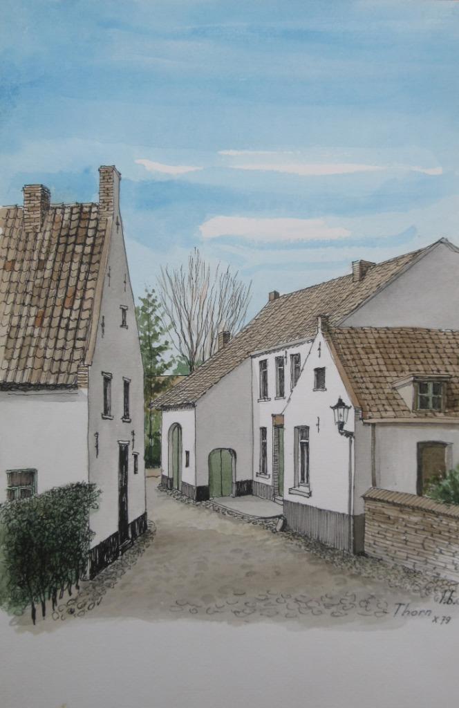Aquarel L. Boschmans - Thorn (Nl) - dorpsgezicht, Antiek en Kunst, Kunst | Schilderijen | Klassiek, Ophalen of Verzenden