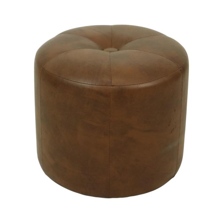 Ronde Vintage Houten Poef Bruin Skai Leder Patchwork Sixties, Huis en Inrichting, Zetels | Voetbanken en poefs, Gebruikt, Minder dan 50 cm