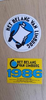 2 stickers  Belang van Limburg = 1986 + ? /, Ophalen of Verzenden, 1980 tot heden, Krant