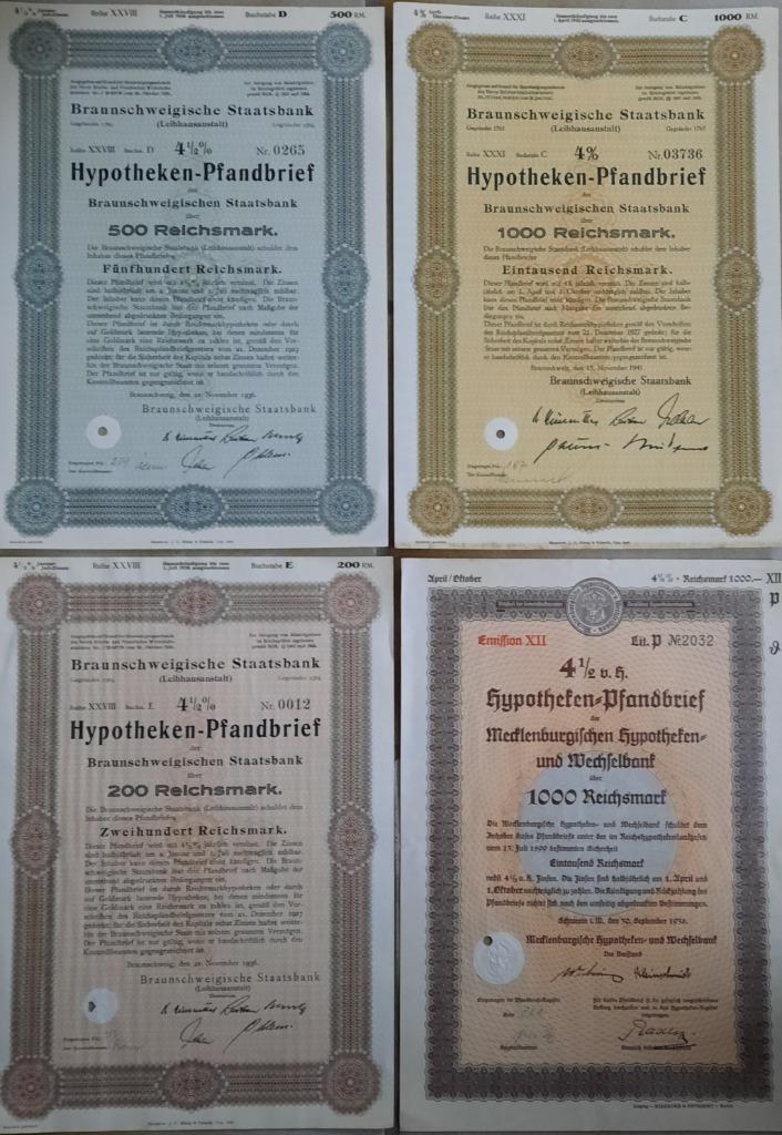 4 Verschillende Hypotheken-Pfandbriefe - 1936-1941, Timbres & Monnaies, Actions & Titres, Action, 1920 à 1950, Enlèvement ou Envoi