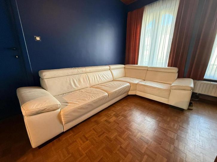 Witbeige leren hoekbank, Huis en Inrichting, Zetels | Complete zithoeken, Zo goed als nieuw, Leer, Ophalen