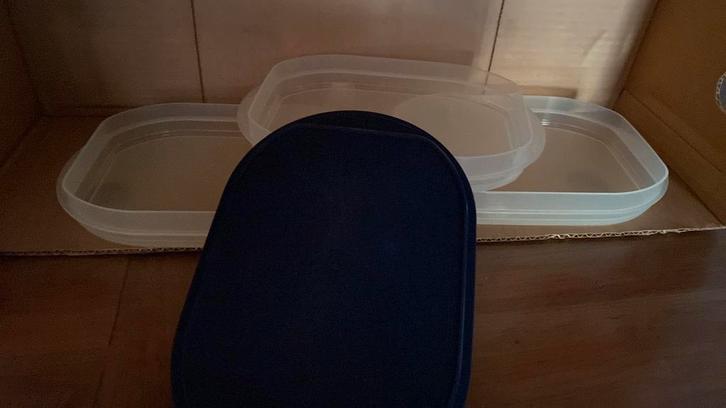 Tupperware belegdozen 3 lage schalen en 1 blauw deksel, Huis en Inrichting, Keuken | Tupperware, Gebruikt, Schaal, Blauw, Wit