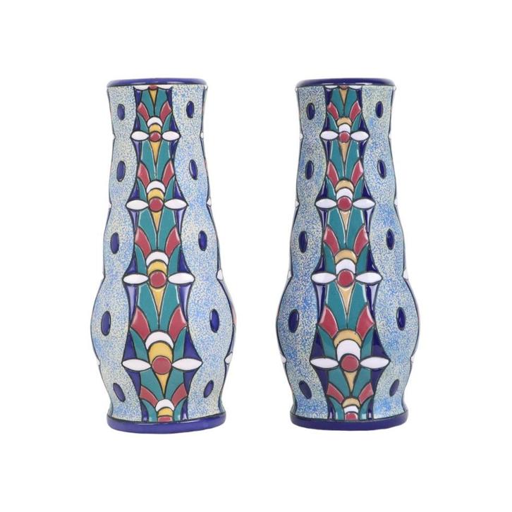 Koppel Amphora Vazen Art Deco Keramiek Emaille 1915, Antiquités & Art, Antiquités | Vases, Enlèvement ou Envoi
